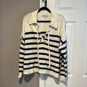 Striped Lace-Up Sweater - Cream and Navy